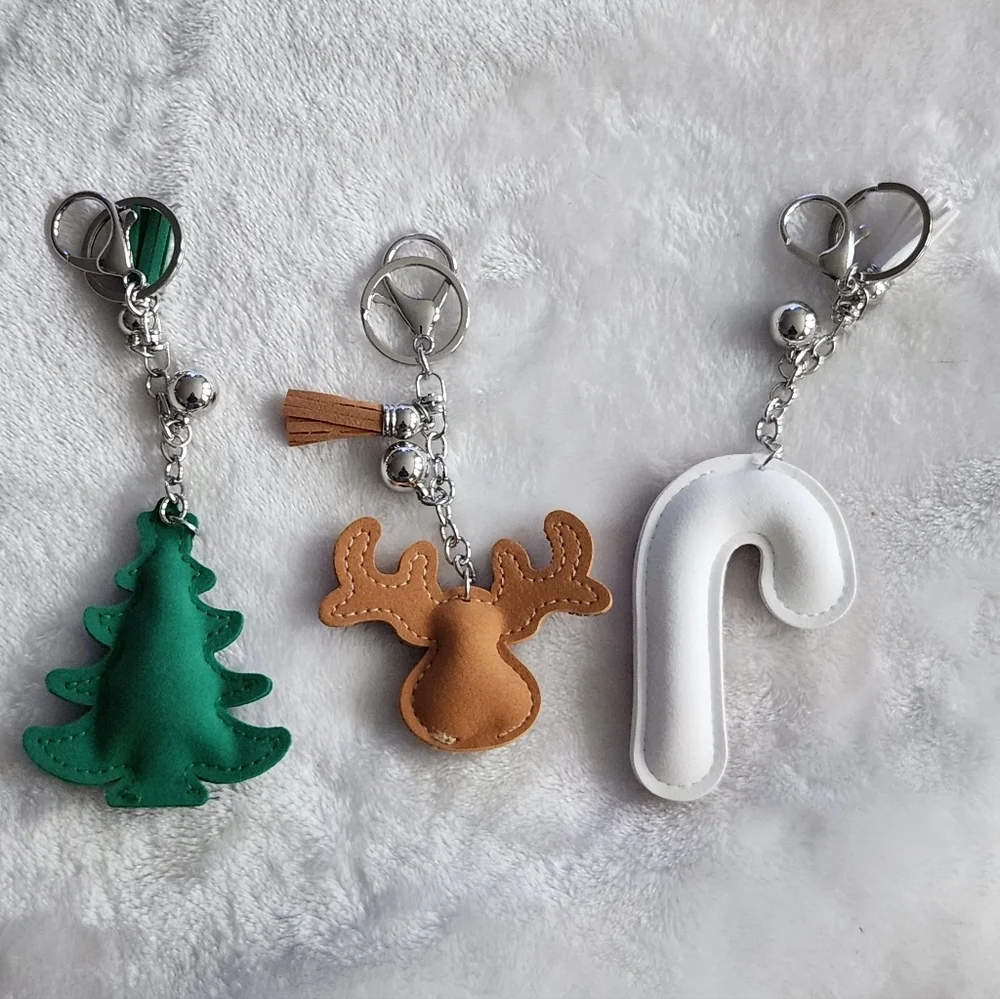 Christmas Tree, Reindeer, and Candy Cane Festive Keychain Set Bag Charm